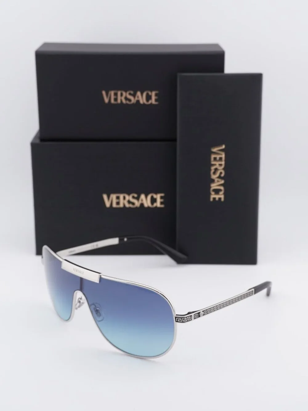 Versace VE2293 100019 Shield Sunglasses - Silver Shield Frame, Blue Lenses
